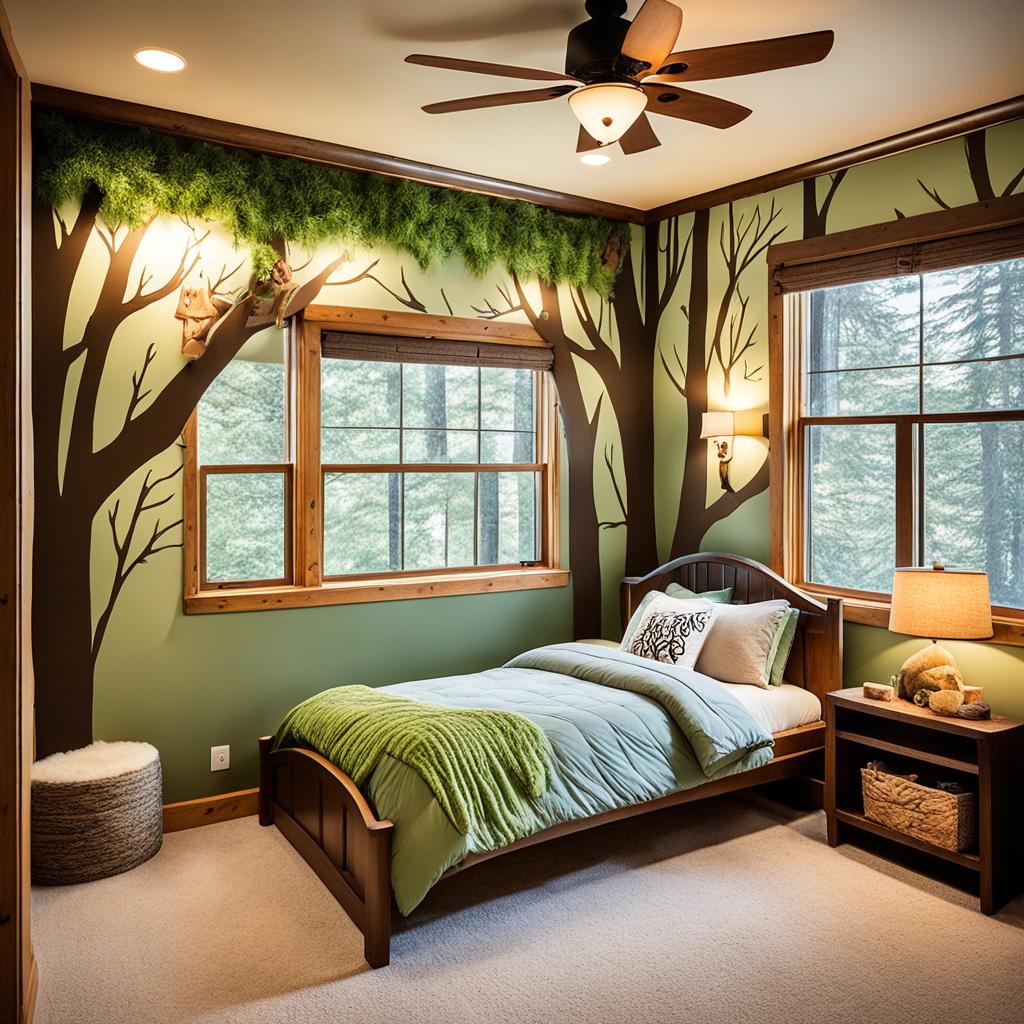 Forest themed bedroom with treehouse elements