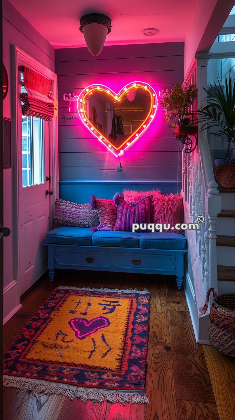 Cozy corner with a blue cushioned bench, vibrant pillows, a neon pink heart-shaped mirror, and a colorful rug with heart motifs.