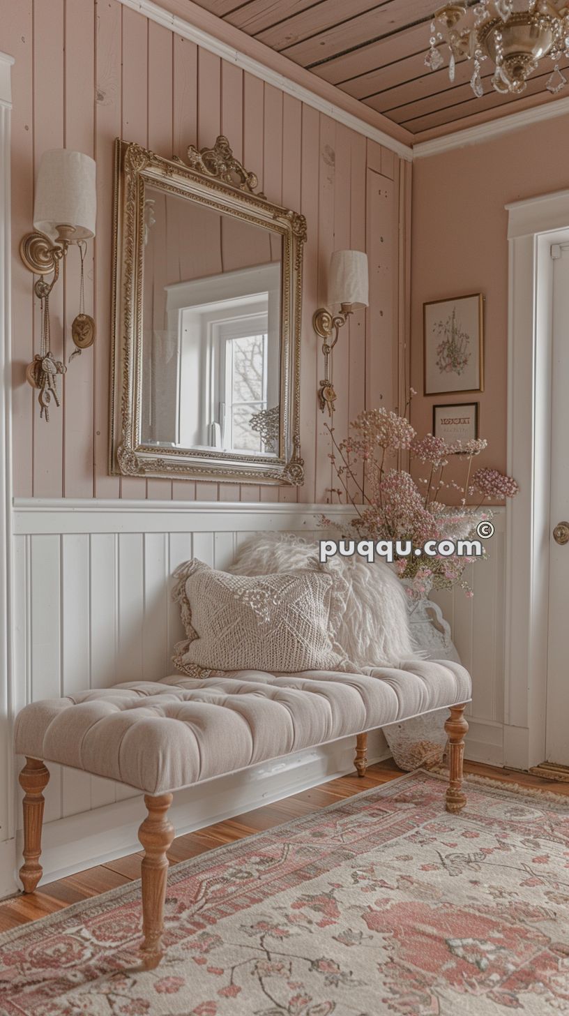A cozy room with a blush pink and white color scheme, featuring a tufted bench with wooden legs, decorative throw pillows, and a floral rug. The wall has vertical paneling, a large ornate mirror, wall-mounted light fixtures, and framed art. A bouquet of dried flowers is placed beside the bench.