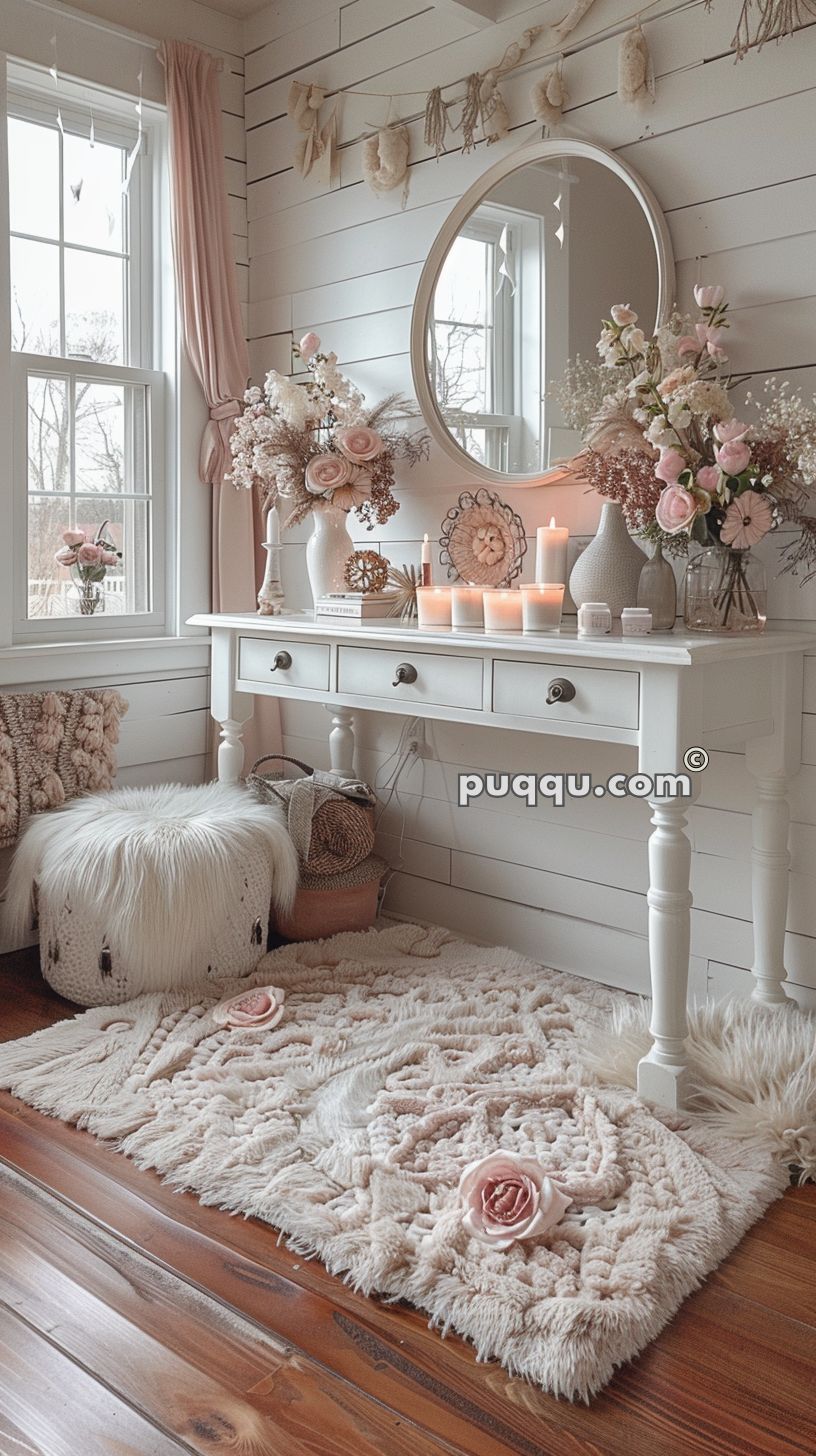 Cozy vanity setup with a white table and circular mirror, adorned with soft pink flowers, candles, and a furry stool against a shiplap wall with natural light from a nearby window.