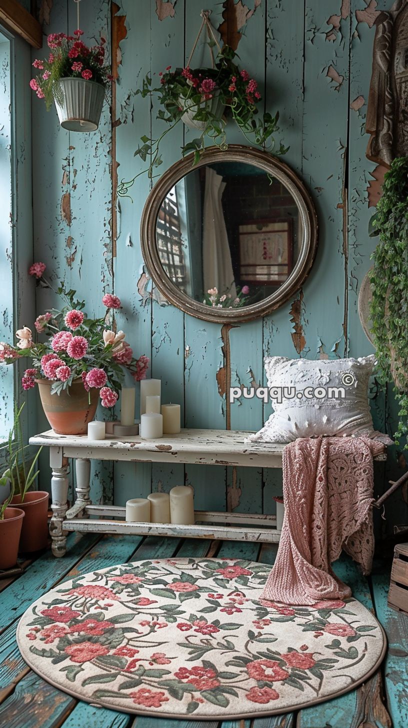Cozy rustic sitting area with a round floral rug, white wooden bench, pink throw blanket, decorative white pillow, candles, hanging plants, and a mirror on a distressed aqua wall.