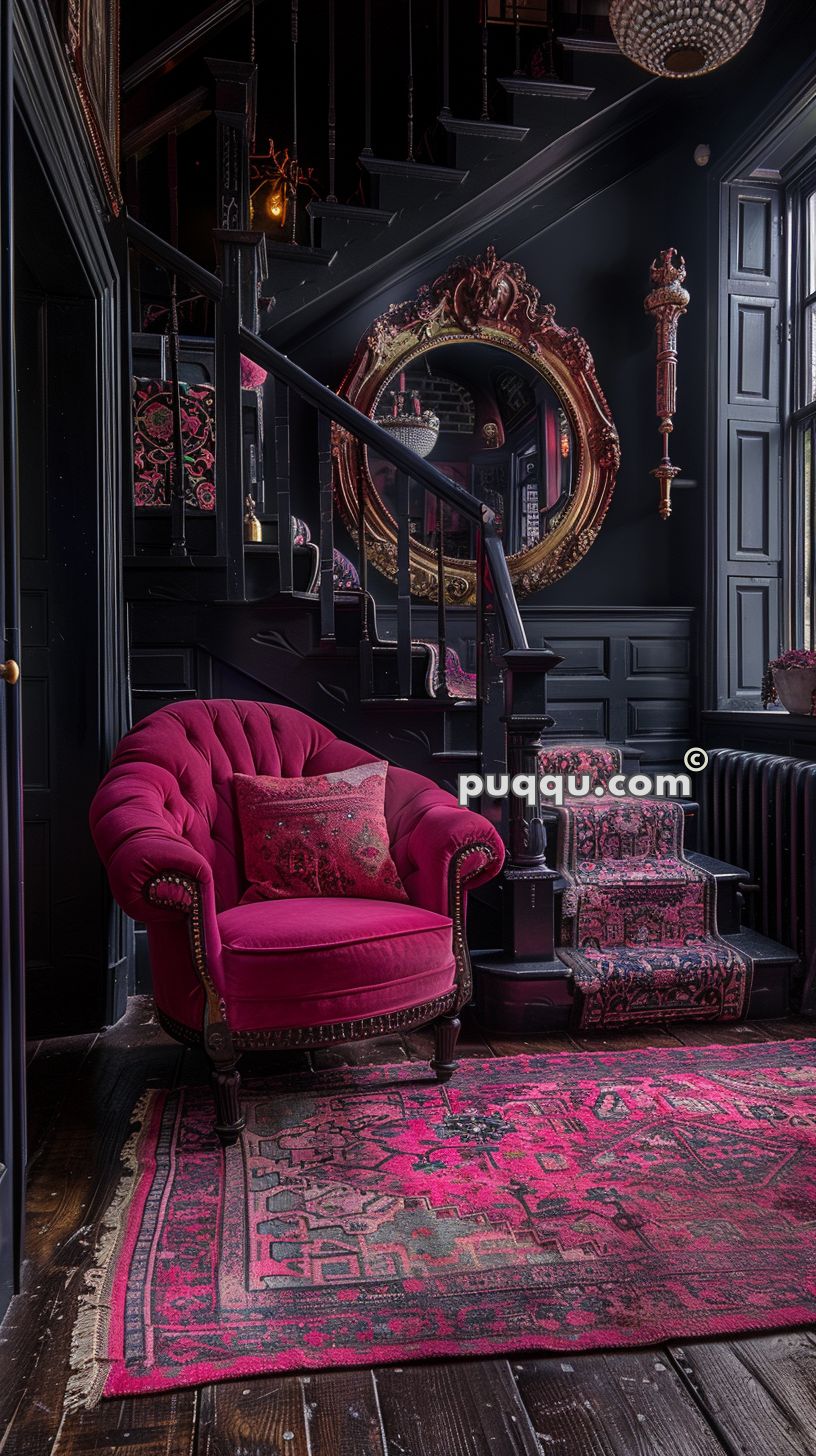 Luxurious, dark interior featuring a pink upholstered armchair, ornate mirror, staircase with patterned carpet, and a rich-toned rug.