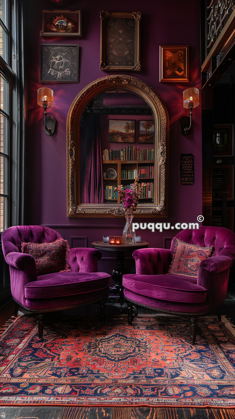 Elegant sitting area with deep purple walls, two purple tufted armchairs, a wooden table with candles and flowers, a large ornate mirror, framed artwork, and a colorful Persian rug.