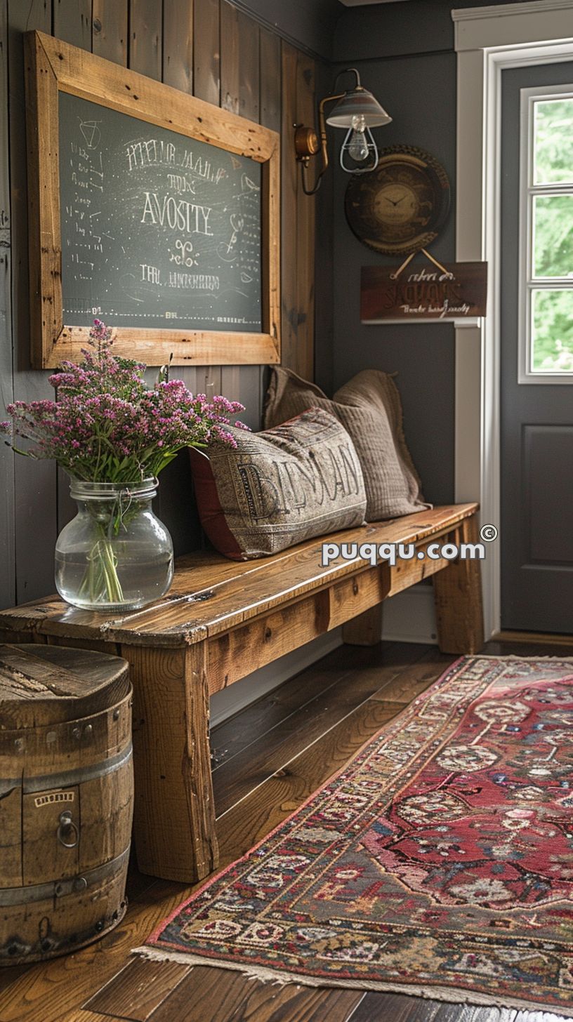 Cozy entryway with rustic wooden bench, decorative pillows, a vase of flowers, chalkboard, wall lamp, round clock, and a colorful patterned rug.