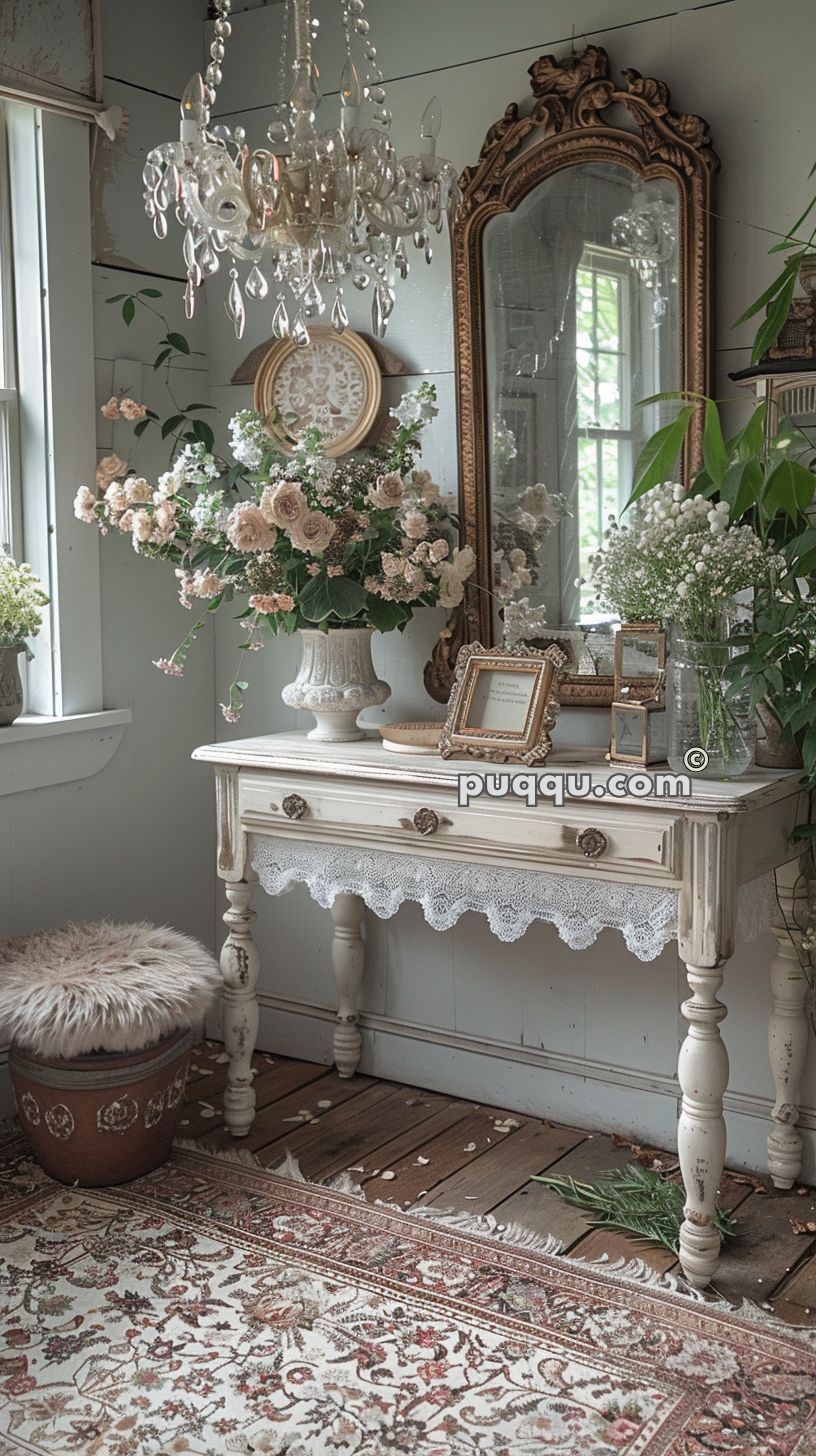 Elegantly decorated corner featuring a vintage white table with a lace trim, topped with floral arrangements, ornate picture frames, and a large antique mirror, all under a hanging crystal chandelier.