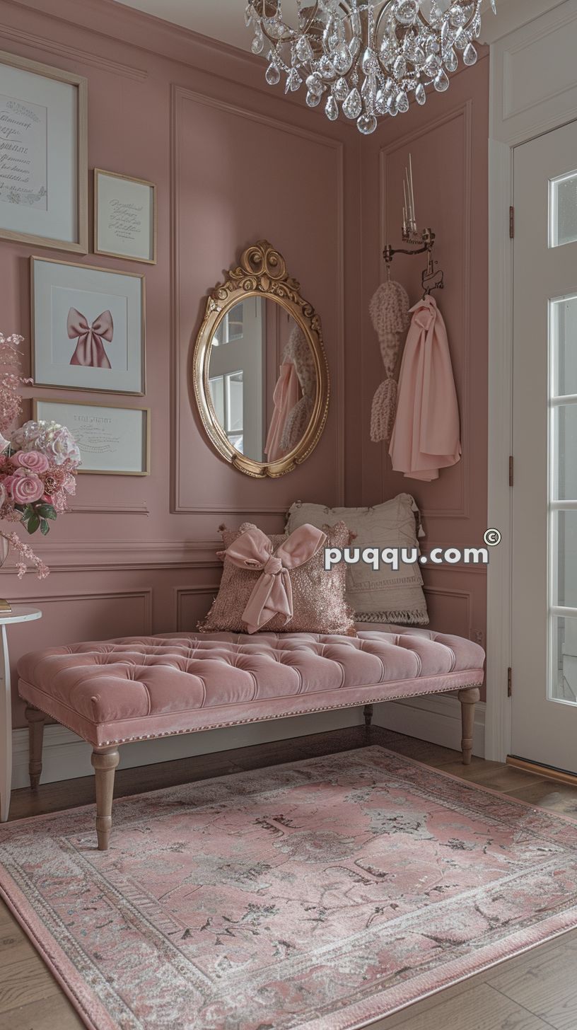 A pink-themed room with a tufted pink bench, gold-framed mirror, crystal chandelier, framed artwork, and a patterned pink rug.