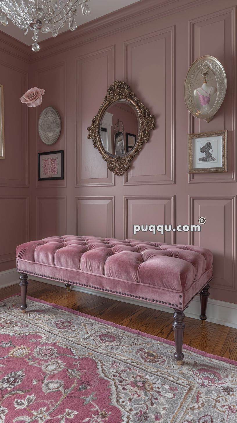 A decorative room with rose-colored wooden panel walls, a tufted pink velvet bench, a crystal chandelier, and framed artwork along with a vintage mirror on the wall. A pink oriental-style area rug is on the wooden floor.
