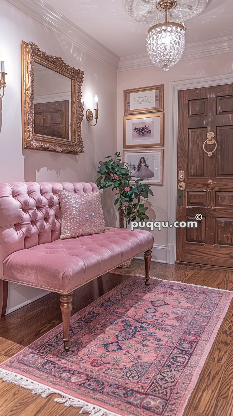 Elegant entryway with a pink tufted bench, sequined pillow, ornate mirror, framed artworks, decorative indoor plant, crystal chandelier, wooden door, and pink patterned rug.