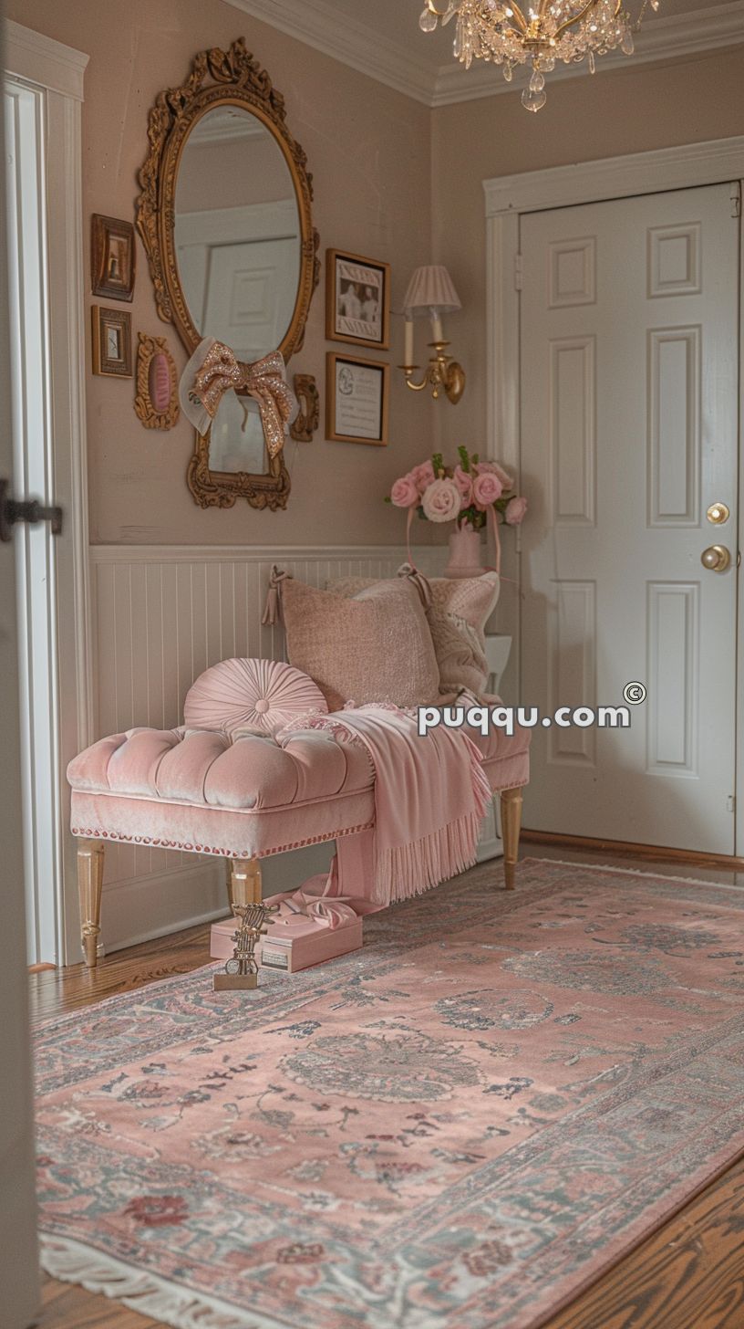 Elegant pink-themed room with a tufted velvet bench, decorative cushions, and a pink throw. A vintage mirror with ornate gold frame, wall art, a chandelier, and floral pink rug add to the refined decor.