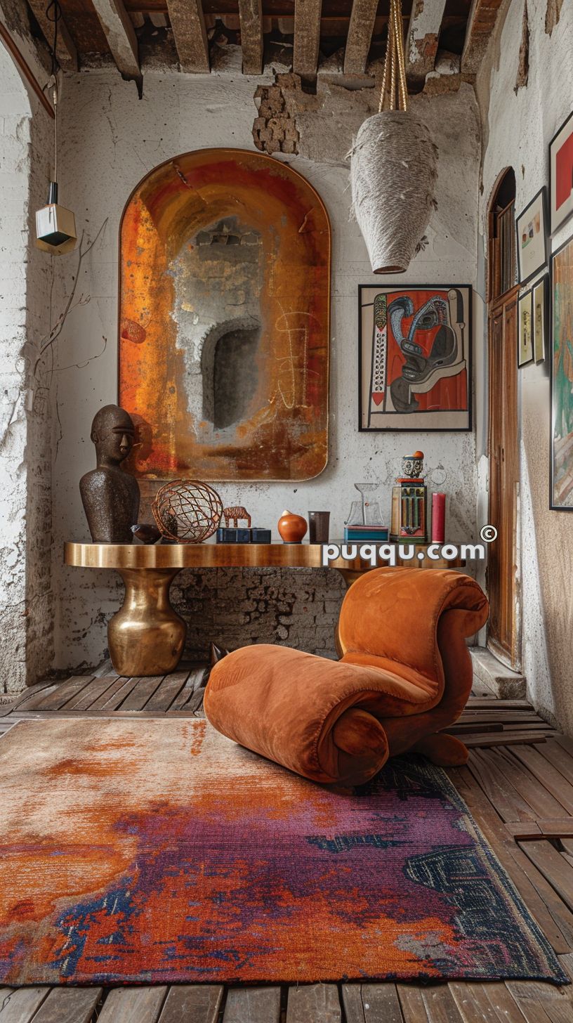 Eclectic room with a rusted arched mirror, wooden beamed ceiling, a gold-toned table, abstract art on walls, and an orange lounge chair on a multicolored rug.