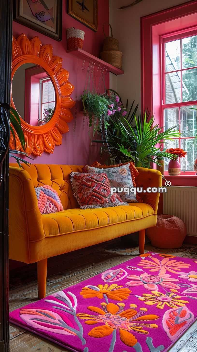A vibrant living room featuring an orange tufted sofa adorned with colorful cushions, a pink floral rug, potted green plants, and a large round mirror with an orange frame on a pink wall.