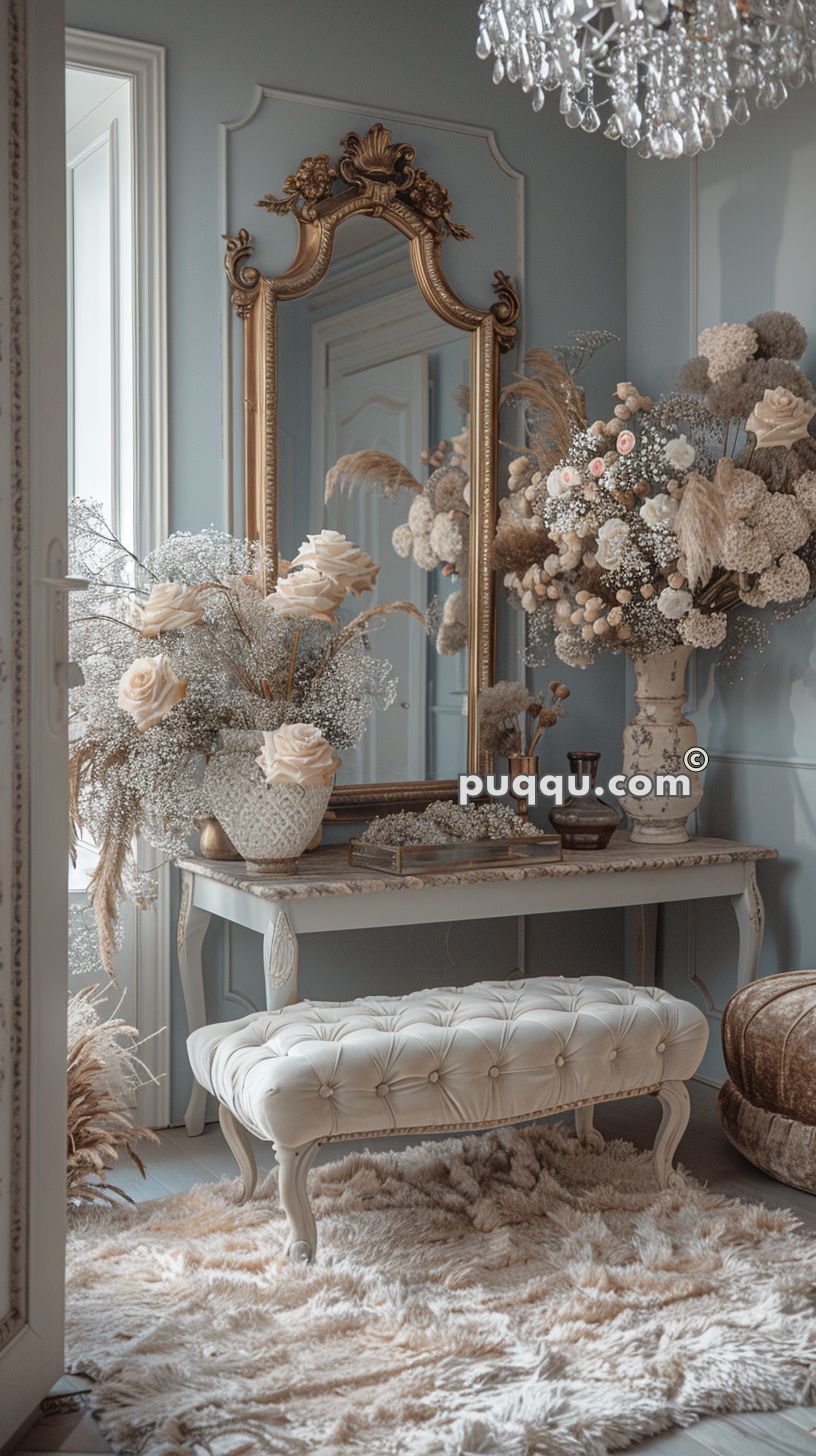 Elegant vintage-style room with a large ornate mirror, a tufted bench, a console table adorned with floral arrangements, and a fluffy rug.
