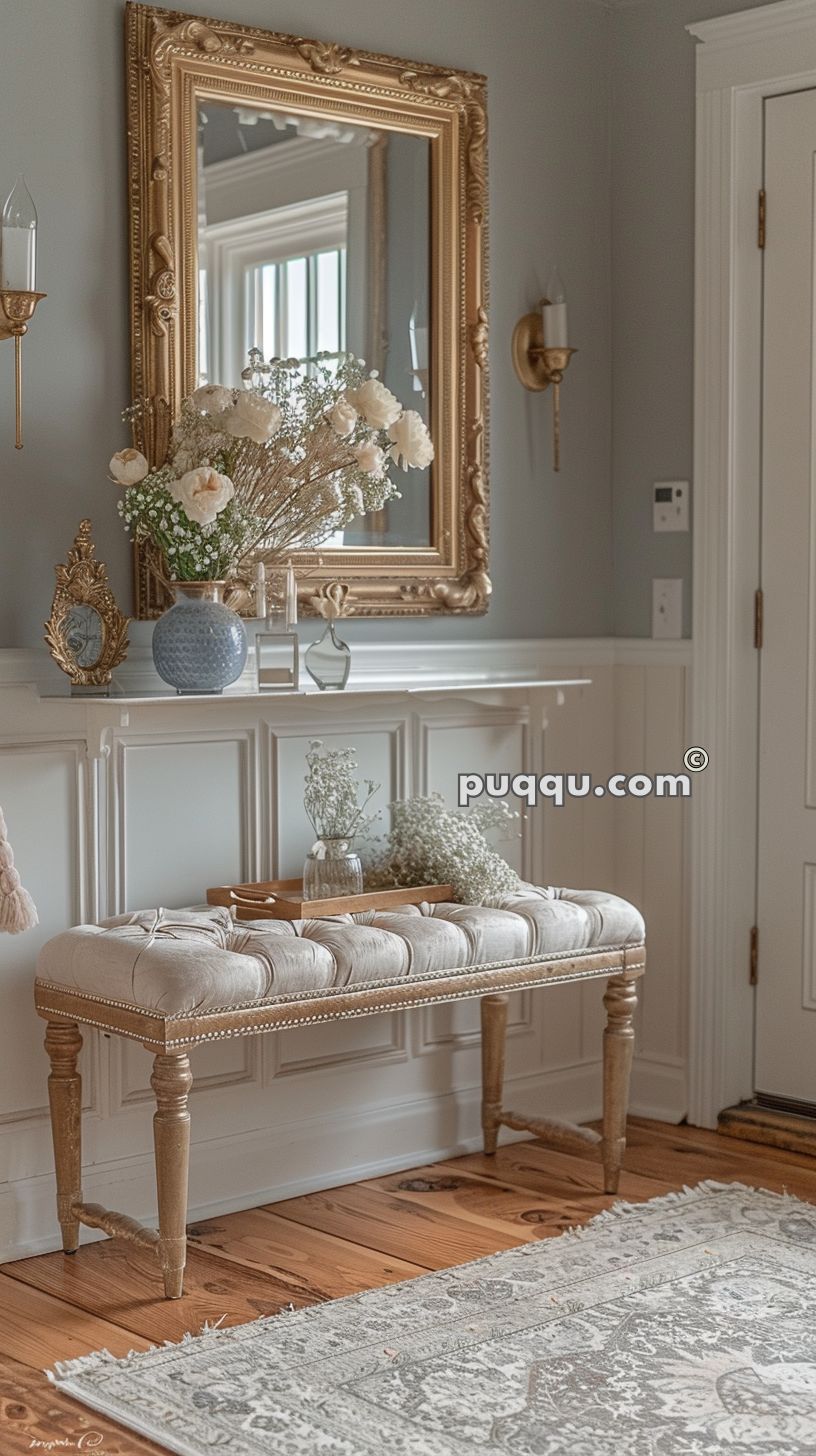 Elegant hallway with a tufted bench, a large ornate gold mirror, a vase with white flowers, a candle sconce on the wall, and a patterned rug on hardwood floors.