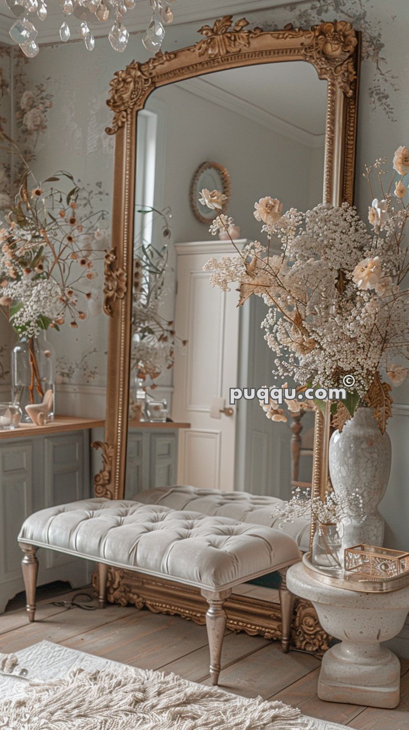 Elegant room with a large ornate mirror, tufted ottoman, floral arrangements, and chandelier.