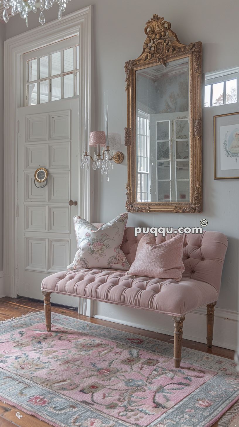 Elegant living room with a pink tufted settee, floral pillows, ornate gold-framed mirror, white paneled door, and decorative rug.