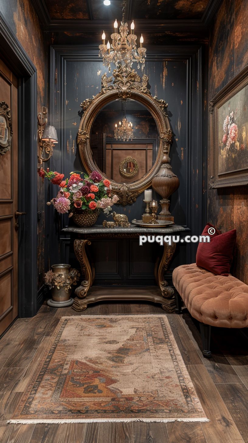 Luxurious hallway with dark walls, a large ornate mirror, crystal chandelier, floral arrangements on a decorative console table, a vintage rug, and a tufted bench with a red cushion.
