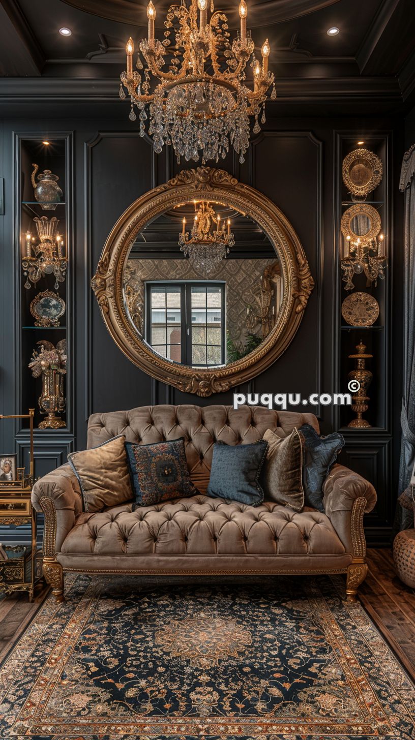 Luxuriously decorated living room featuring a tufted sofa, ornate rug, crystal chandeliers, and a large decorative mirror with gold accents.