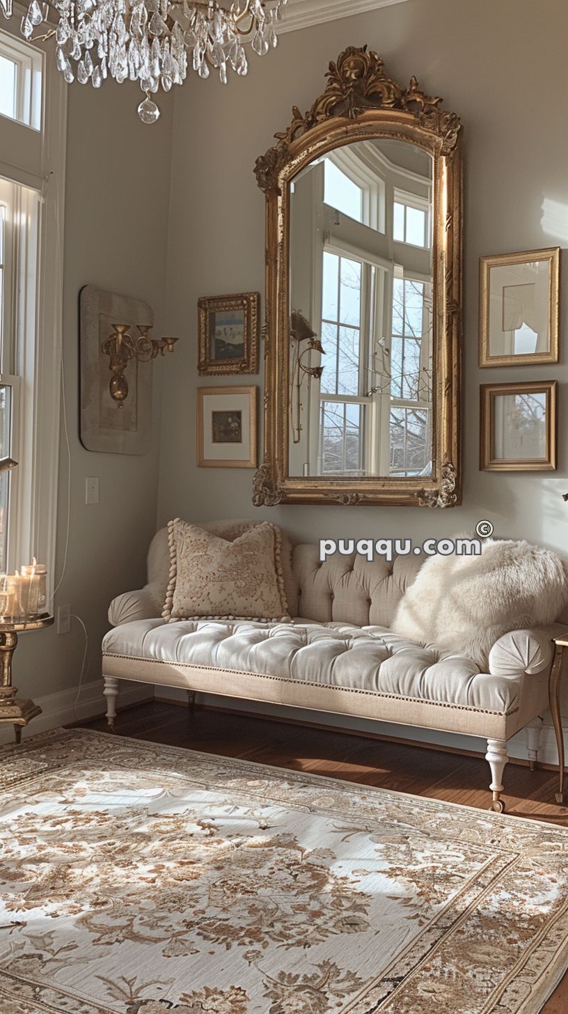 Elegant living room with a tufted cream sofa, adorned with plush and embroidered cushions, situated below a large ornate gold-framed mirror and various framed art pieces on the wall. A crystal chandelier hangs from the ceiling above, complementing the traditional decor and a patterned rug on wooden flooring.