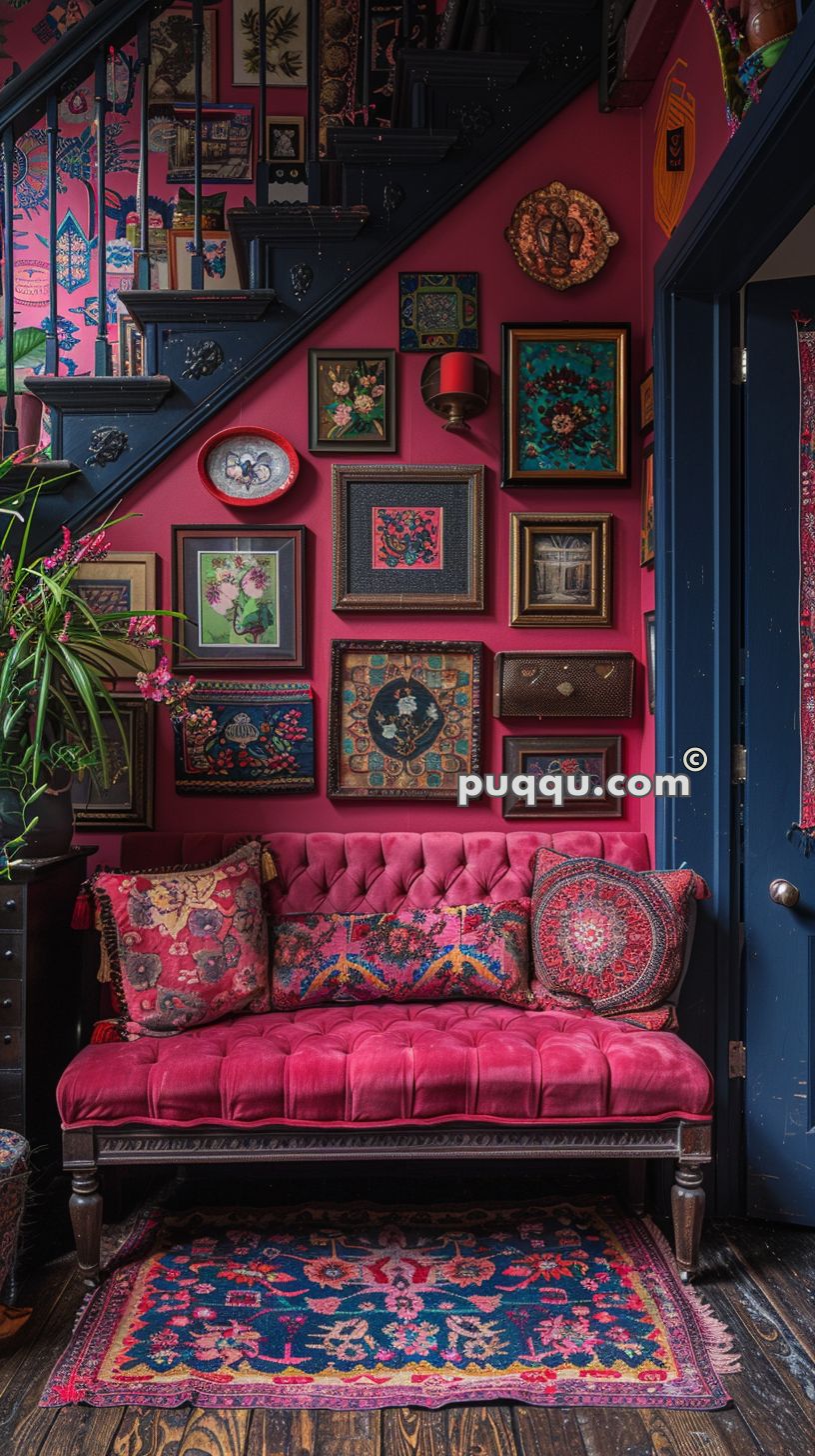 A colorful and eclectic interior with a deep pink velvet sofa adorned with vibrant patterned pillows. The wall behind the sofa features an array of framed artwork and decorative items in various styles, colors, and sizes. To the left, there's a blue staircase with black railings and more art pieces. A richly patterned rug lies on the wooden floor.