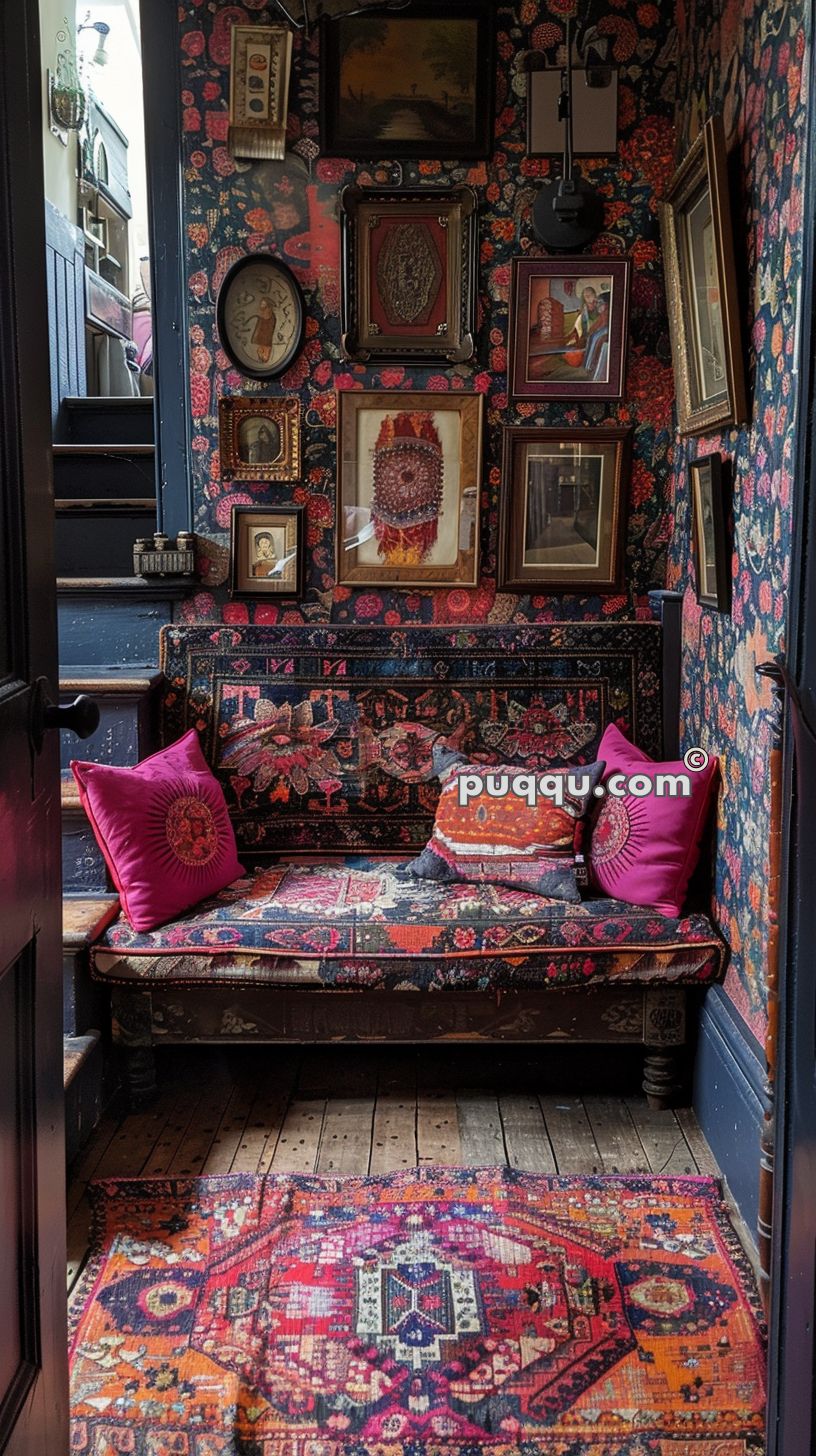 A cozy, eclectic interior with floral-patterned wallpaper, a wooden bench adorned with vibrant tapestry and pink pillows, framed artwork on the walls, and a colorful rug on the wooden floor.
