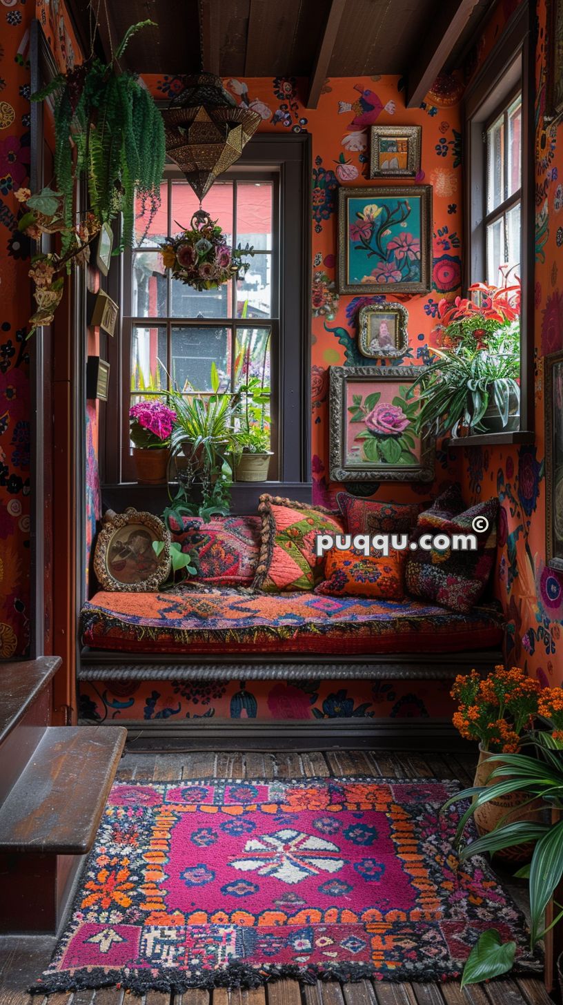 Cozy, colorful reading nook with patterned wallpaper, an ornate cushioned bench, vibrant pillows, hanging and potted plants, framed artwork, and a woven rug.