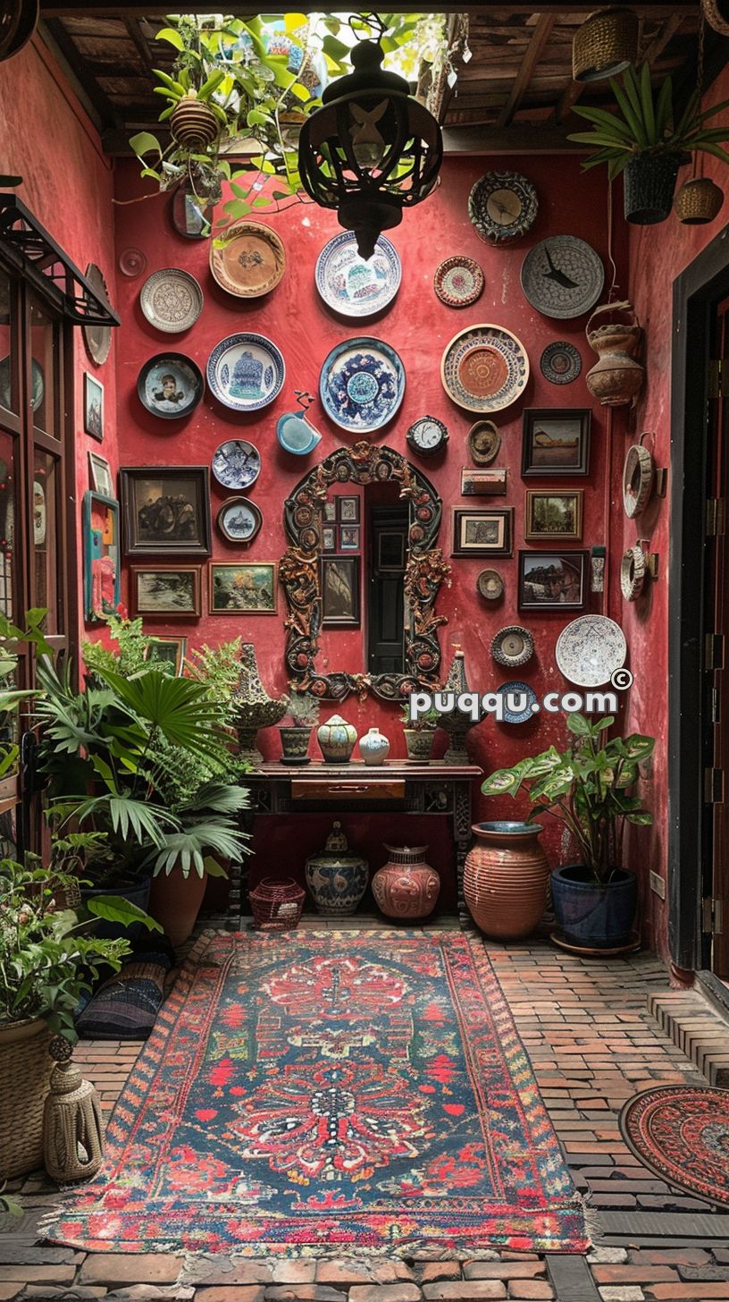 Decorative interior with red walls adorned with various plates and framed pictures, a large ornate mirror, lush plants, and a colorful patterned rug.
