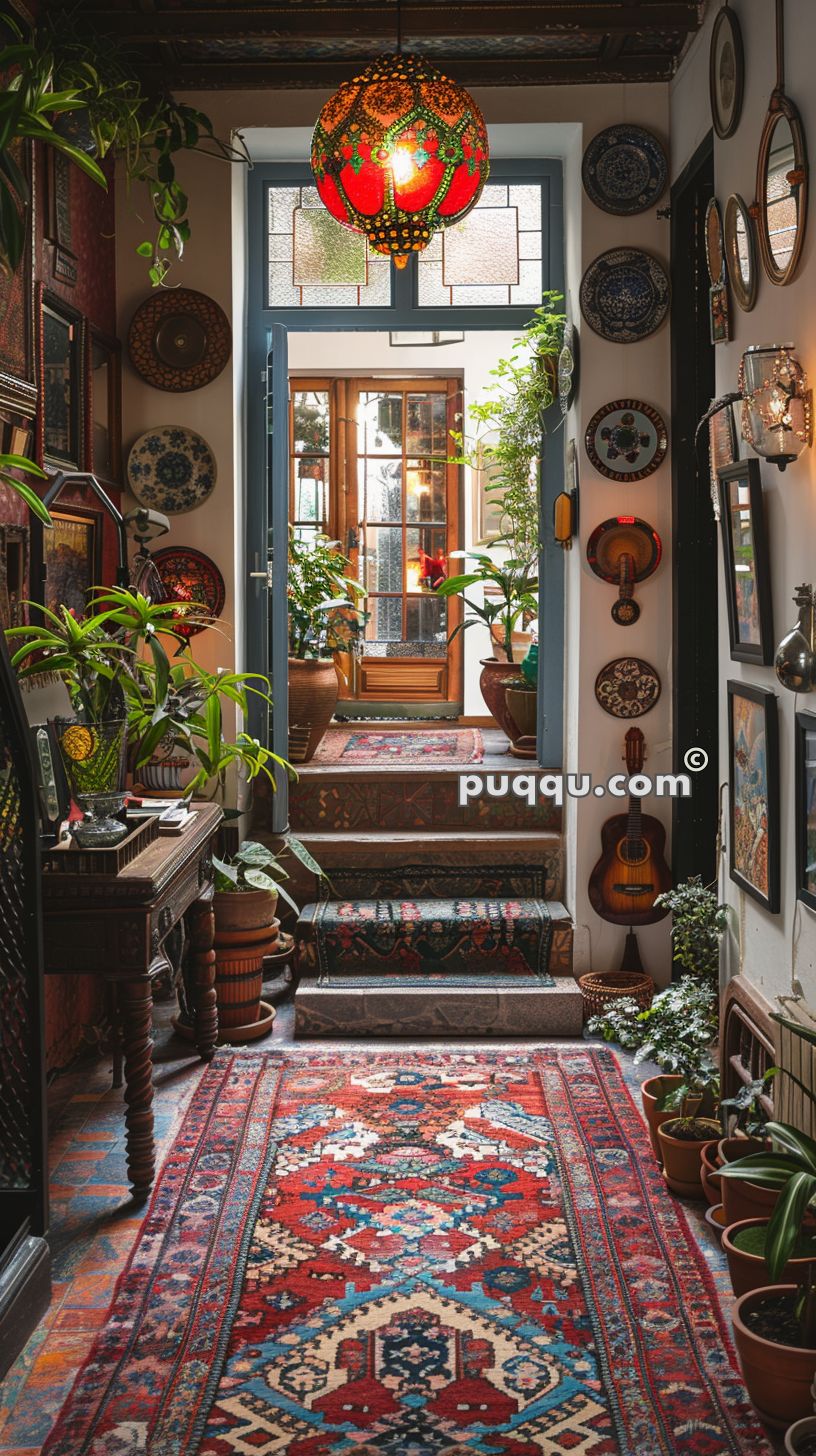Colorful, bohemian interior hallway with patterned rugs, potted plants, wall art, guitars, and vibrant hanging lamp.