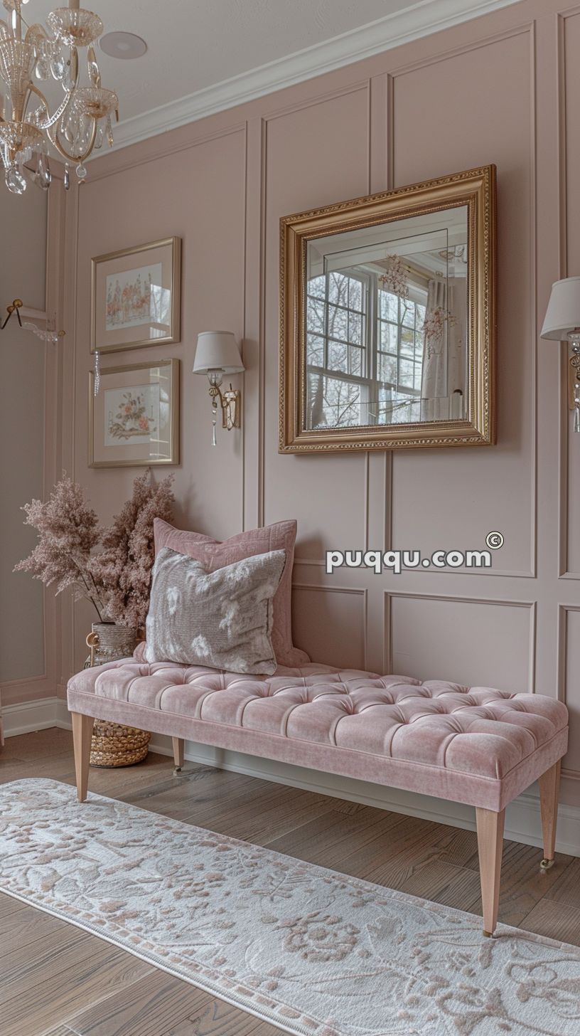 Elegant room with pink tufted bench, decorative pillows, gold-framed mirror, wall sconces, floral artworks, dried foliage, and a patterned runner on wooden floor.