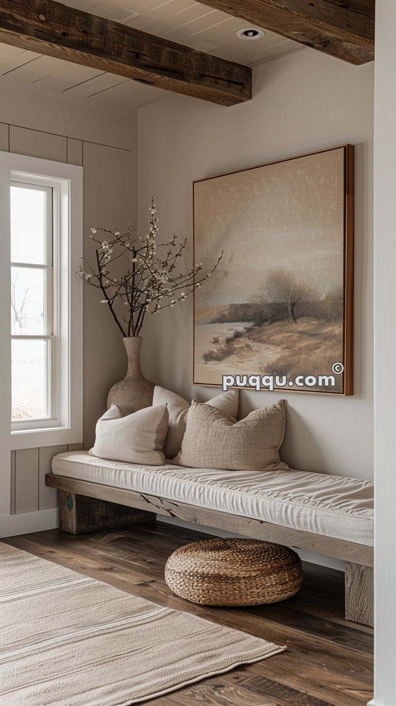 Cozy corner with a rustic wooden bench, beige cushions, a large pottery vase with branches, a landscape painting, and a woven pouf on a wooden floor.
