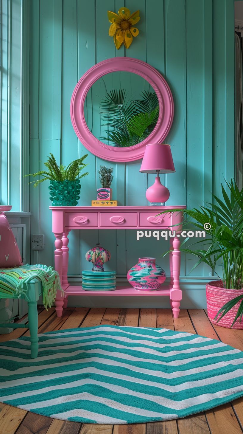 A brightly colored interior with turquoise walls and a wooden floor, featuring a pink table with a matching round pink mirror, pink lamp, various plants, decorative items, and a circular turquoise and white striped rug.