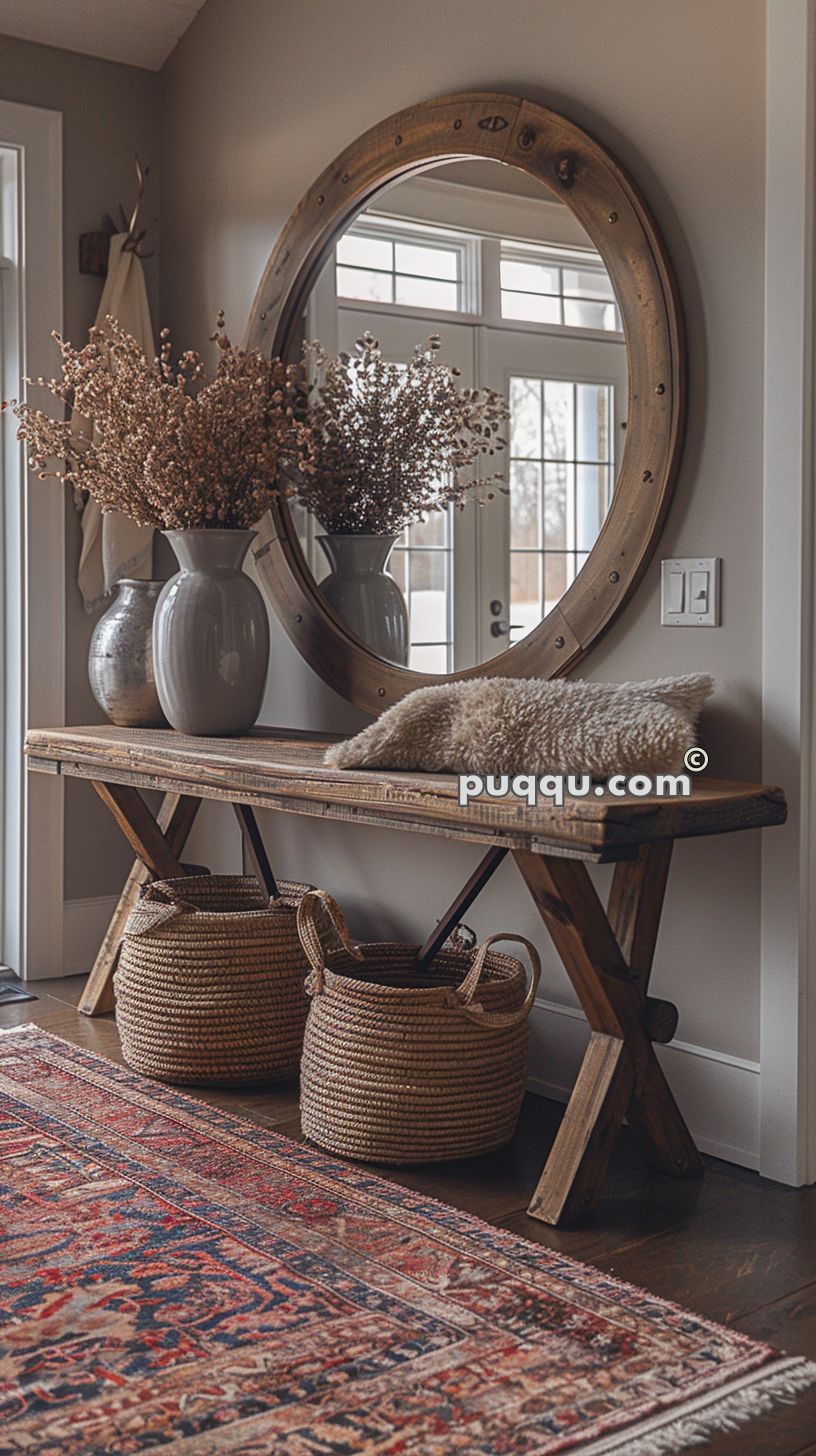 Decorative wooden console table with gray vases, a round wooden-framed mirror, woven baskets underneath, and a colorful patterned rug in front.