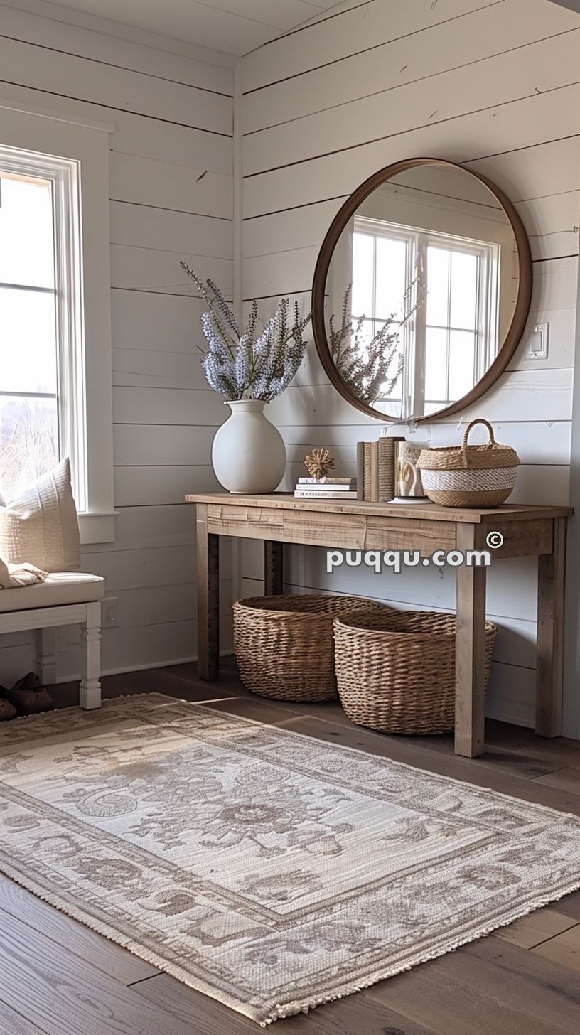 Cozy entryway with shiplap walls, a wooden console table, a round mirror, wicker baskets, a vase with lavender, and a patterned rug.