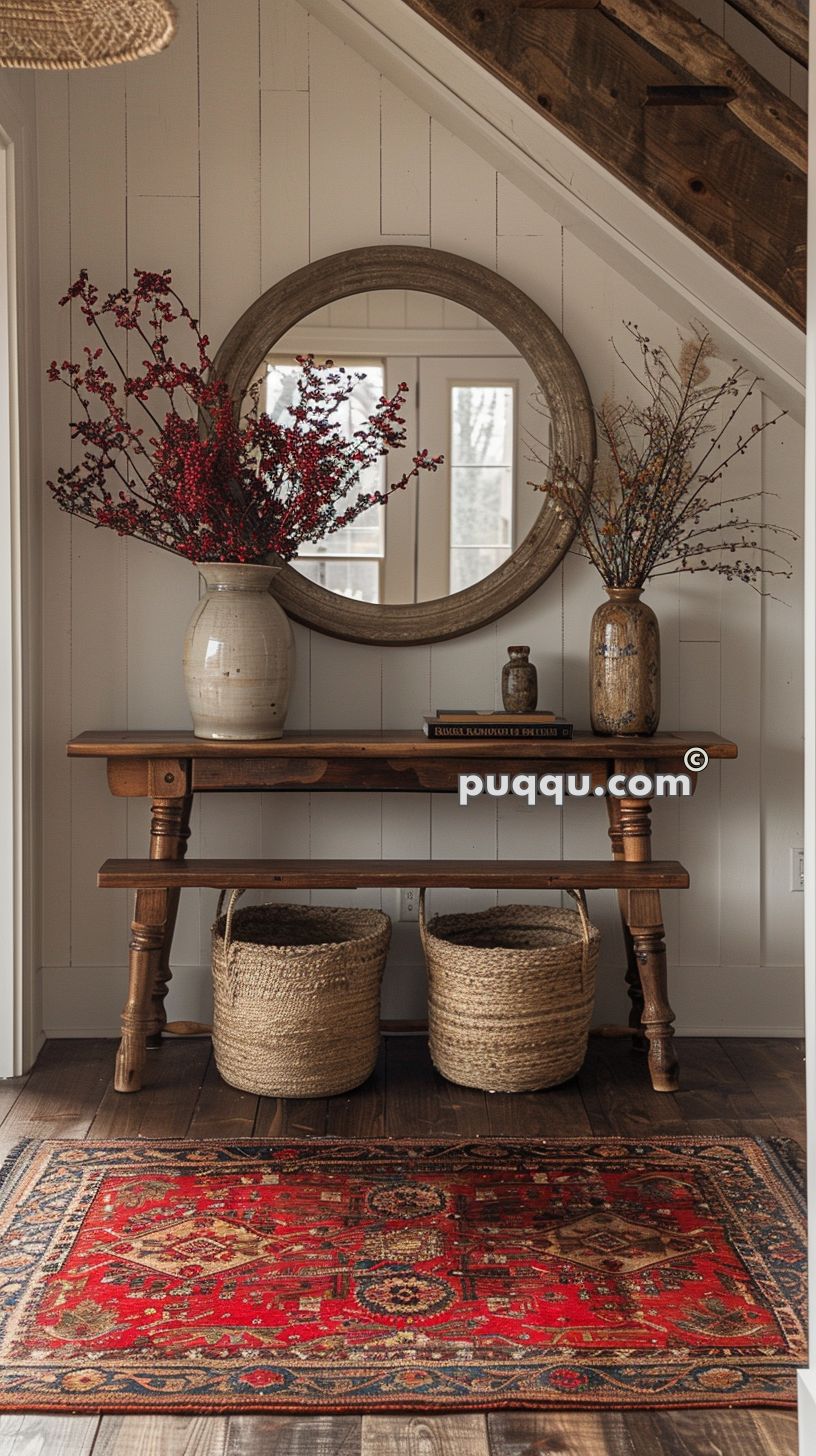 Entryway decorated with a round mirror, a wooden console table, ceramic vases with branches, woven storage baskets, and a red patterned rug.