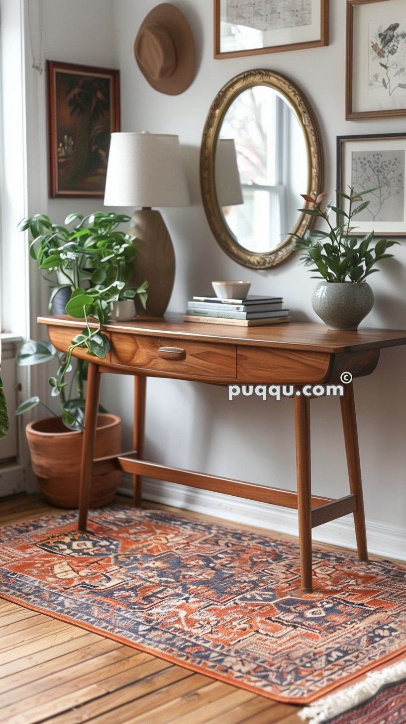 Wooden console table with plants, books, and a lamp on top, a beige hat hanging on the wall, a framed mirror, and artwork; patterned rug on wooden floor.