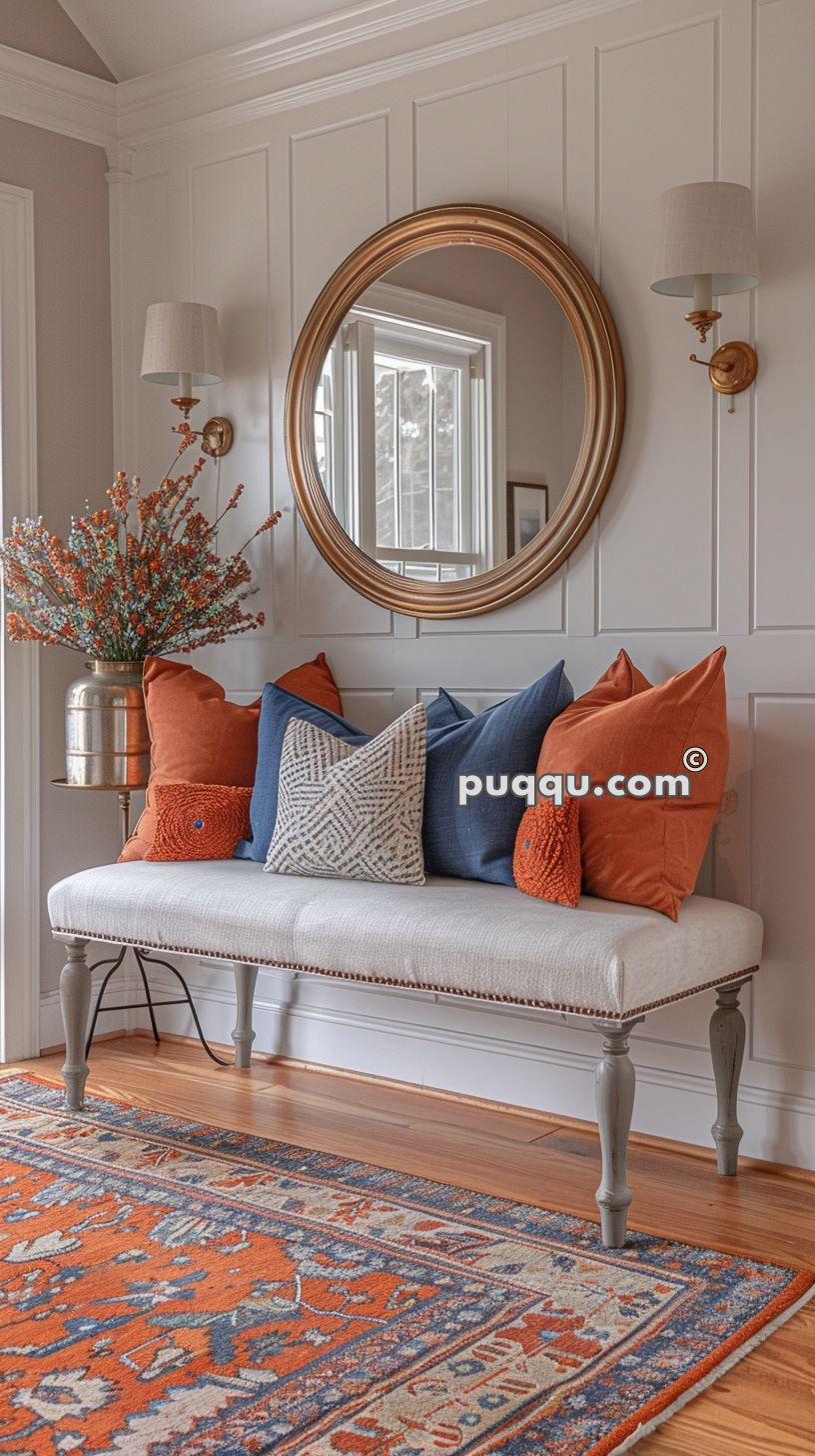 A cozy entryway with a cushioned bench adorned with blue and orange decorative pillows, a round gold-framed mirror, wall sconces, a floral arrangement in a brass vase, and an orange-patterned rug.