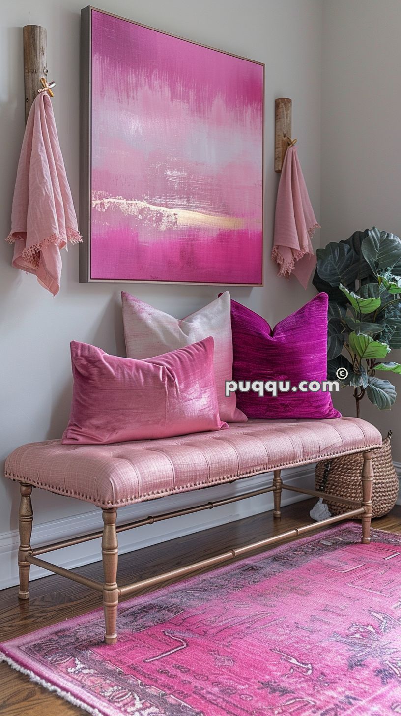 Pink-themed seating area with a cushioned bench, decorative pillows, a pink abstract painting, and a floor rug.