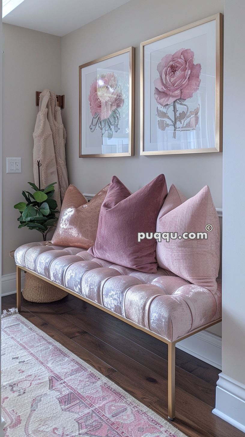 Tufted pink bench with pink pillows, a plant, and two framed floral prints above, in a stylishly decorated corner.