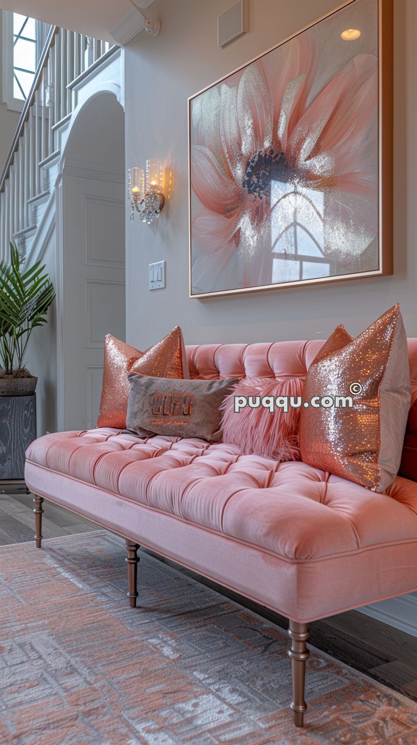 Pink tufted couch with decorative pillows beneath a large painting of a flower on the wall, next to a staircase and a potted plant.