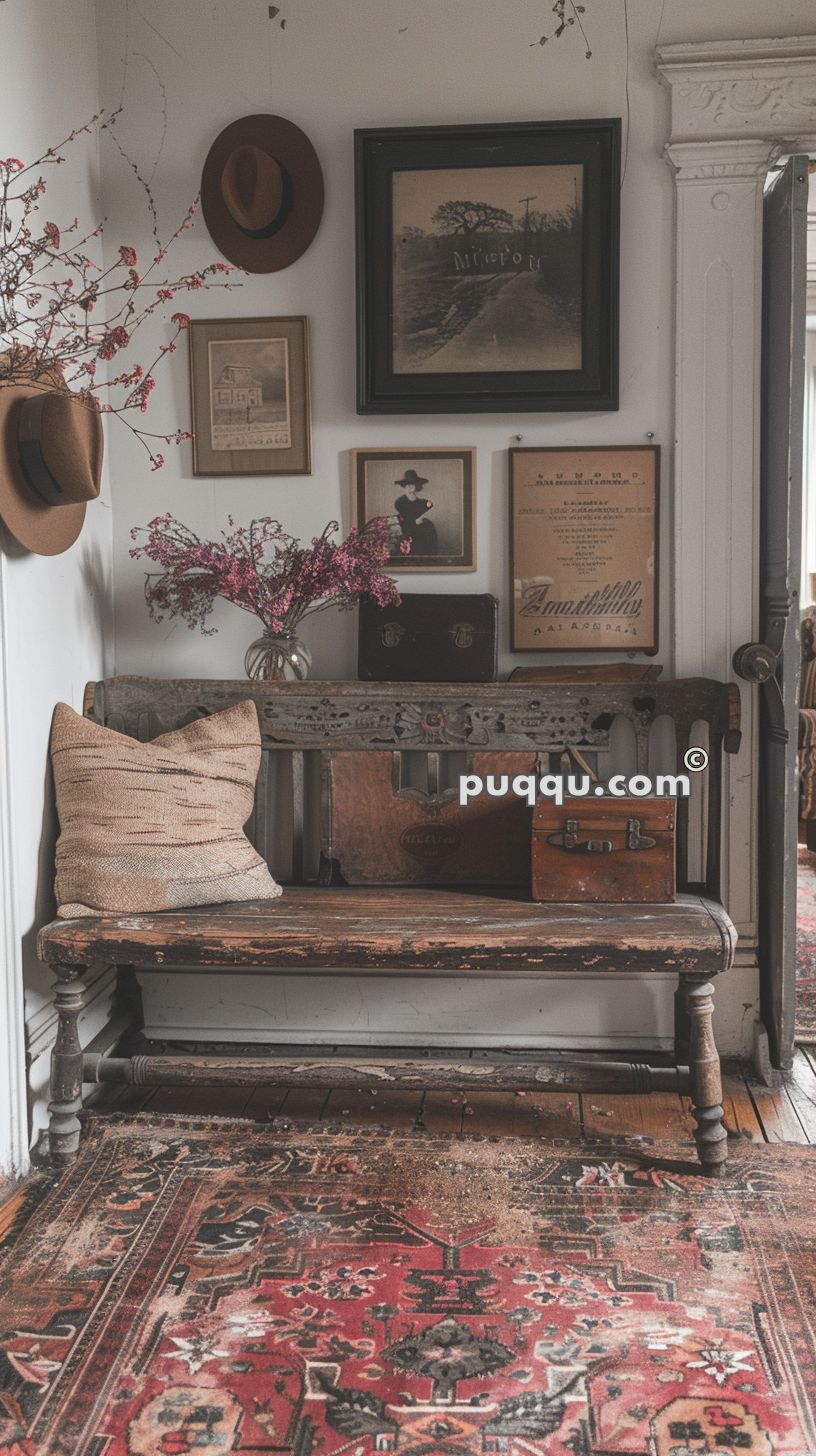 Vintage-style foyer with distressed wooden bench, decorative pillows, hat wall mounts, framed artwork, floral arrangement, and patterned rug.
