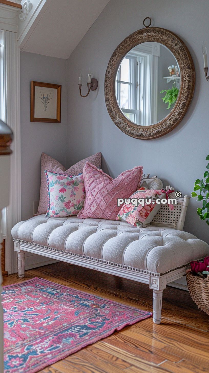 Cozy corner with a cushioned bench decorated with floral and patterned pillows, a round ornate mirror, a framed botanical print, wall sconces, and a colorful rug on wooden flooring.