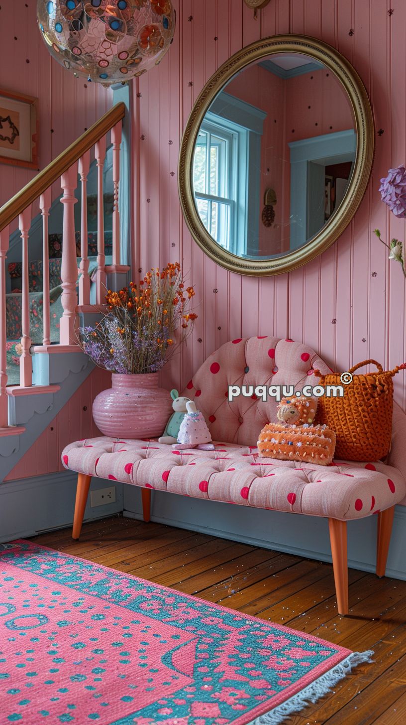 Brightly decorated room with pink polka-dot wallpaper, a patterned rug, a tufted pink bench, and a round mirror on the wall. The bench has orange legs, a large pink vase with dried flowers, and a crocheted basket and stuffed toy on it. A colorful light fixture hangs from the ceiling.