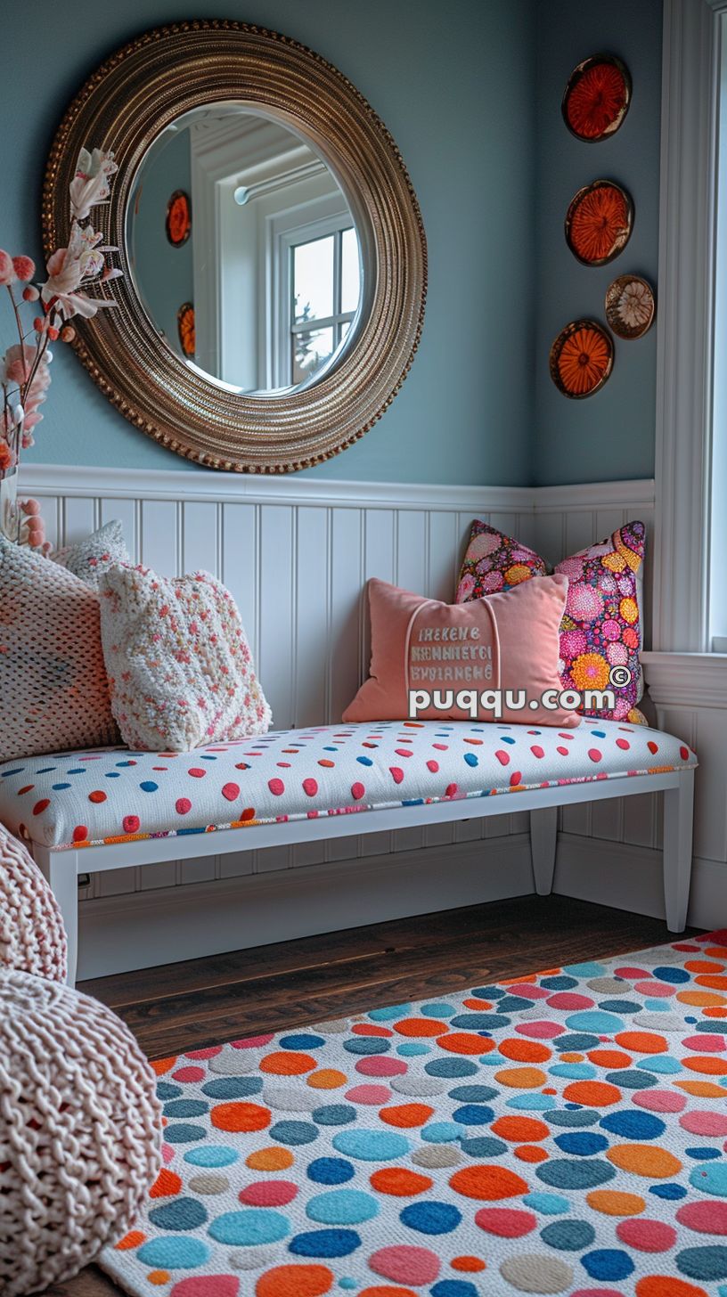 Cozy nook with polka dot cushioned bench and throw pillows, large round mirror with textured frame, blue walls, white wainscoting, and colorful circular wall decor.