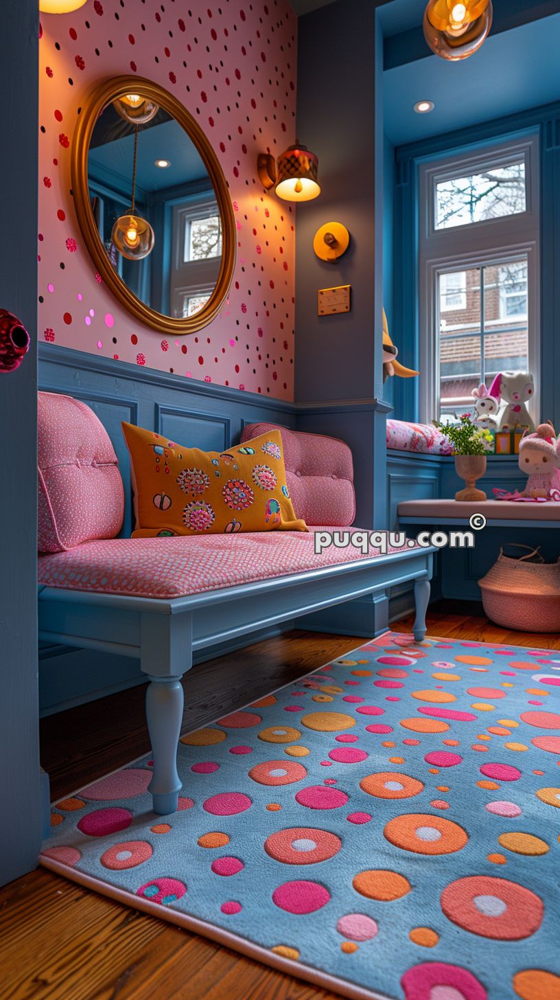 Colorful children's room with a cushioned bench, polka-dot wallpaper, round mirror, and playful decor, featuring large windows and a vibrant dotted rug.