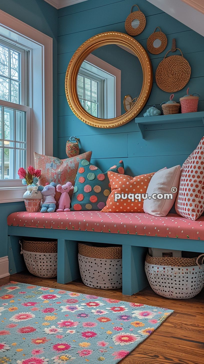 Cozy nook with a pink polka-dot cushioned bench, colorful pillows, and plush toys, teal walls adorned with a gold circular mirror and woven baskets, and a vibrant floral rug on wooden floor.
