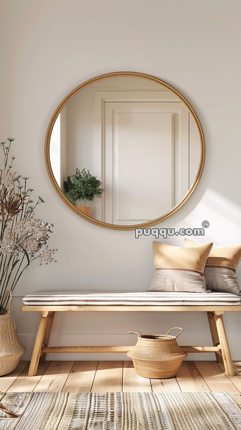 A cozy interior with a wooden bench cushioned with a striped pad and adorned with beige pillows, a round mirror on the wall, a wicker basket underneath the bench, and a decorative vase with dried flowers on the side.