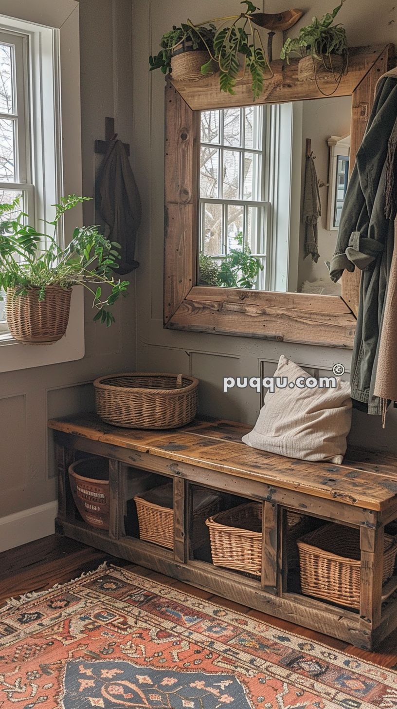 Cozy entryway with a wooden bench, wicker baskets, throw pillow, large mirror with wooden frame, and hanging plants.