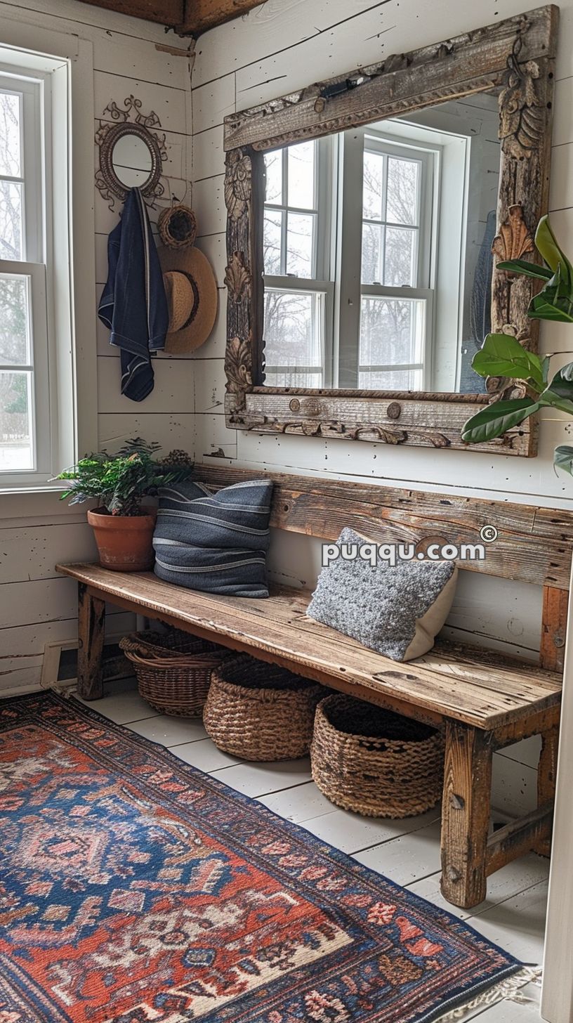 Rustic entryway with white shiplap walls, a large wooden framed mirror, an old wooden bench with cushions, hanging hats, a potted plant, and woven baskets underneath, on a red-blue patterned rug.