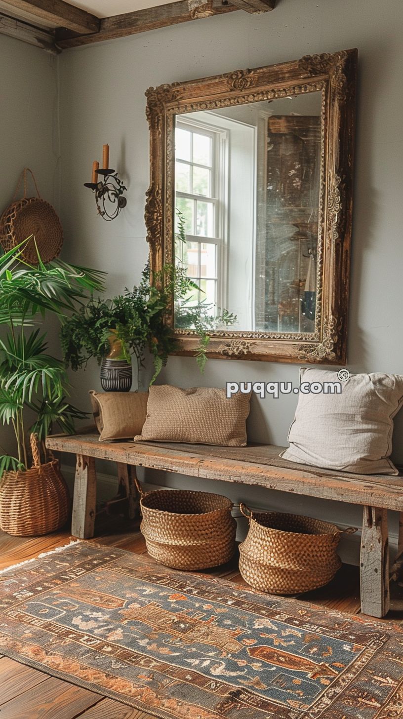 Rustic interior with a wooden bench adorned with cushions, large ornate mirror, potted plants, wicker baskets, and a patterned rug.