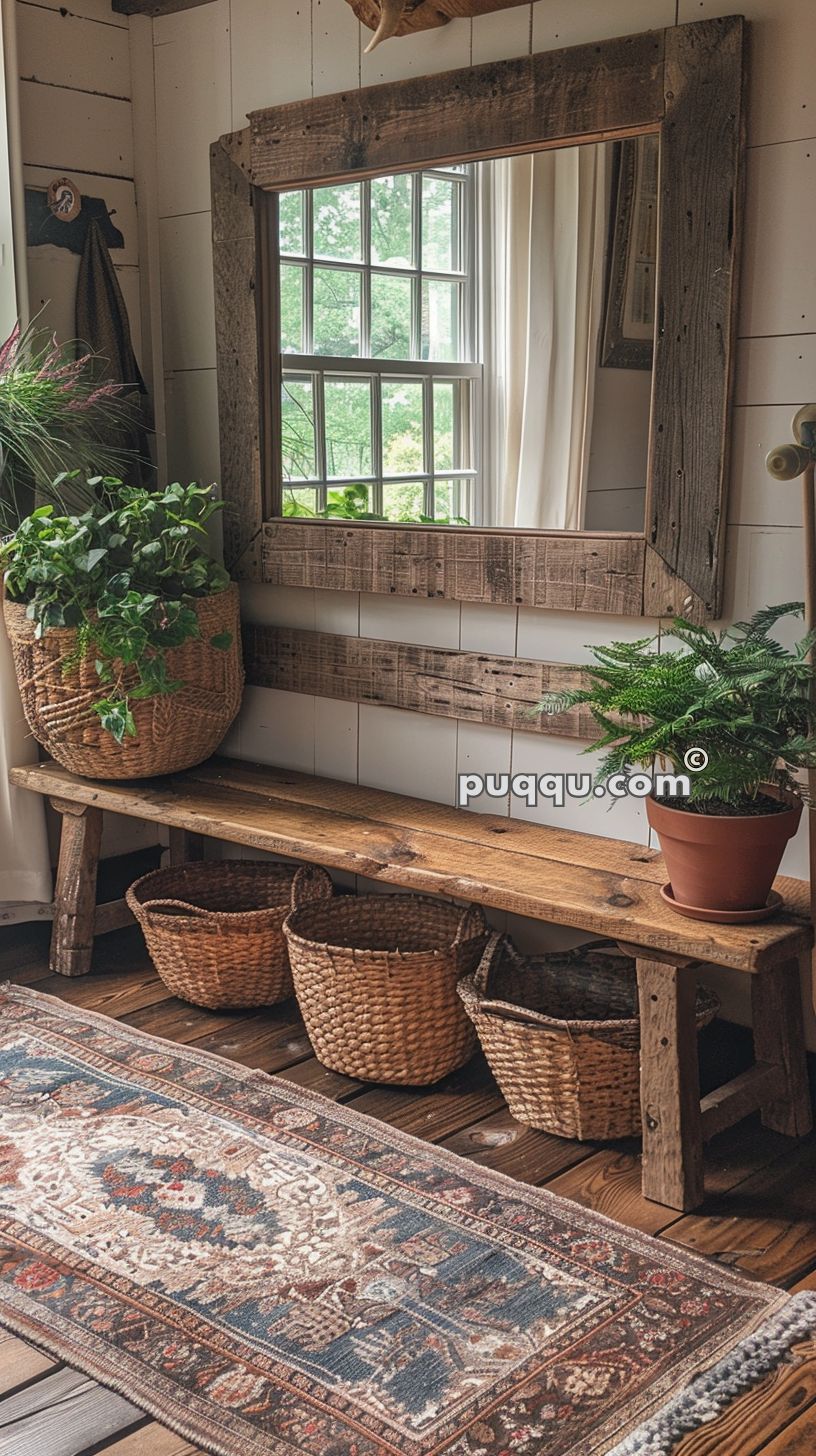 Rustic interior with a large wooden-framed mirror, a wooden bench, potted plants, wicker baskets, and an ornate rug on a wooden floor.