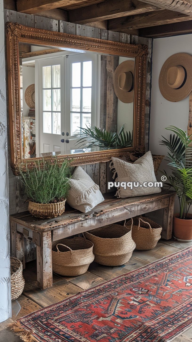Rustic entryway with a large gold-framed mirror, wooden bench with woven baskets, potted plants, throw pillows, and a red patterned rug.